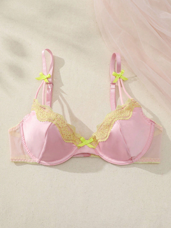 Sujetador amarillo y rosa con ribetes de encaje para mujer