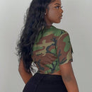 Slayr Camisa casual para mujer con cuello de solapa, abierta con estampado de camuflaje y corte truncado-H de calle