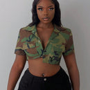 Slayr Camisa casual para mujer con cuello de solapa, abierta con estampado de camuflaje y corte truncado-H de calle