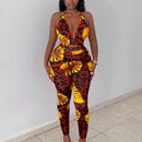 Slayr Conjunto tropical con top halter estampado y crop, espalda abierta y leggings estampados con diseno tropical para vacaciones (talla E)