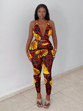 Slayr Conjunto tropical con top halter estampado y crop, espalda abierta y leggings estampados con diseno tropical para vacaciones (talla E)