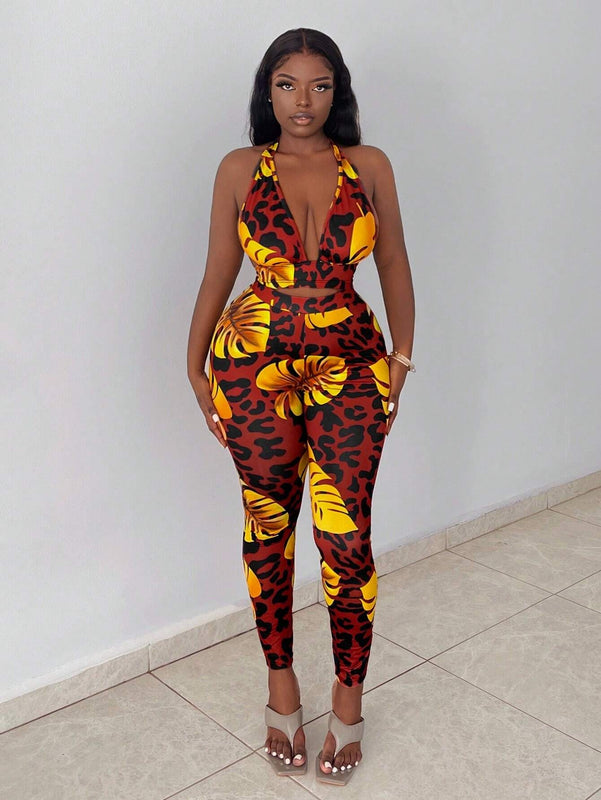Slayr Conjunto tropical con top halter estampado y crop, espalda abierta y leggings estampados con diseno tropical para vacaciones (talla E)