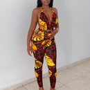 Slayr Conjunto tropical con top halter estampado y crop, espalda abierta y leggings estampados con diseno tropical para vacaciones (talla E)