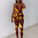 Slayr Conjunto tropical con top halter estampado y crop, espalda abierta y leggings estampados con diseno tropical para vacaciones (talla E)