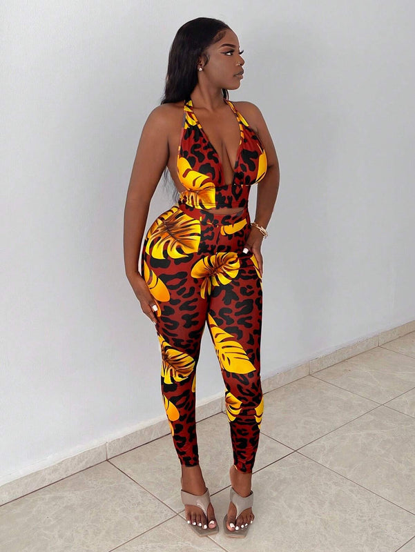 Slayr Conjunto tropical con top halter estampado y crop, espalda abierta y leggings estampados con diseno tropical para vacaciones (talla E)