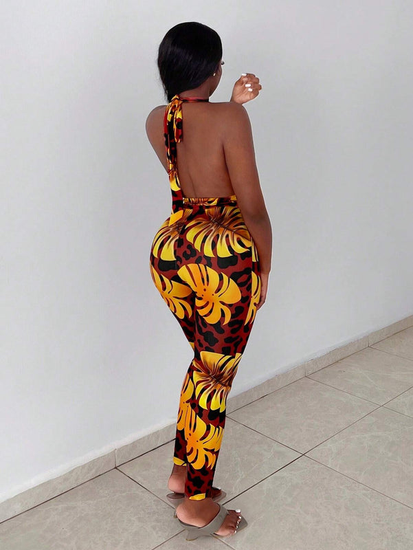 Slayr Conjunto tropical con top halter estampado y crop, espalda abierta y leggings estampados con diseno tropical para vacaciones (talla E)