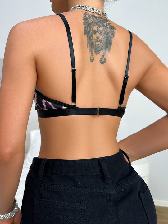 Sujetador inalambrico para mujer con estampado de leopardo y encaje empalmado