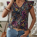 EMERY ROSE Blusa de mujer con mangas de gorra y escote en V con estampado floral Ditsy para vacaciones en el campo