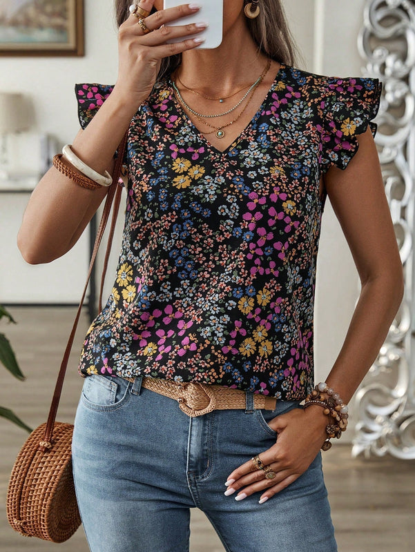 EMERY ROSE Blusa de mujer con mangas de gorra y escote en V con estampado floral Ditsy para vacaciones en el campo