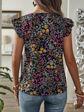 EMERY ROSE Blusa de mujer con mangas de gorra y escote en V con estampado floral Ditsy para vacaciones en el campo