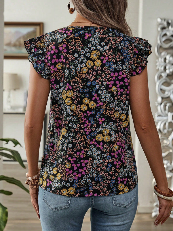 EMERY ROSE Blusa de mujer con mangas de gorra y escote en V con estampado floral Ditsy para vacaciones en el campo
