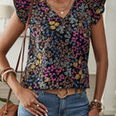 EMERY ROSE Blusa de mujer con mangas de gorra y escote en V con estampado floral Ditsy para vacaciones en el campo