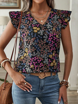EMERY ROSE Blusa de mujer con mangas de gorra y escote en V con estampado floral Ditsy para vacaciones en el campo