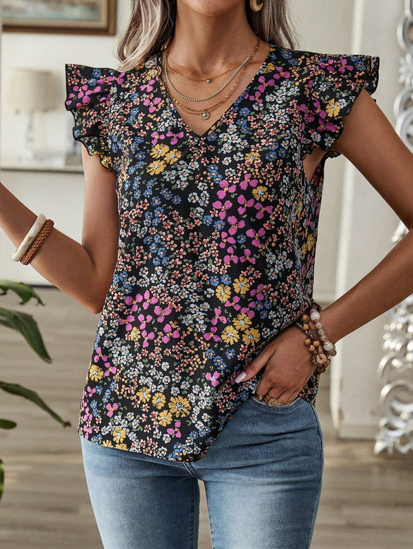 EMERY ROSE Blusa de mujer con mangas de gorra y escote en V con estampado floral Ditsy para vacaciones en el campo