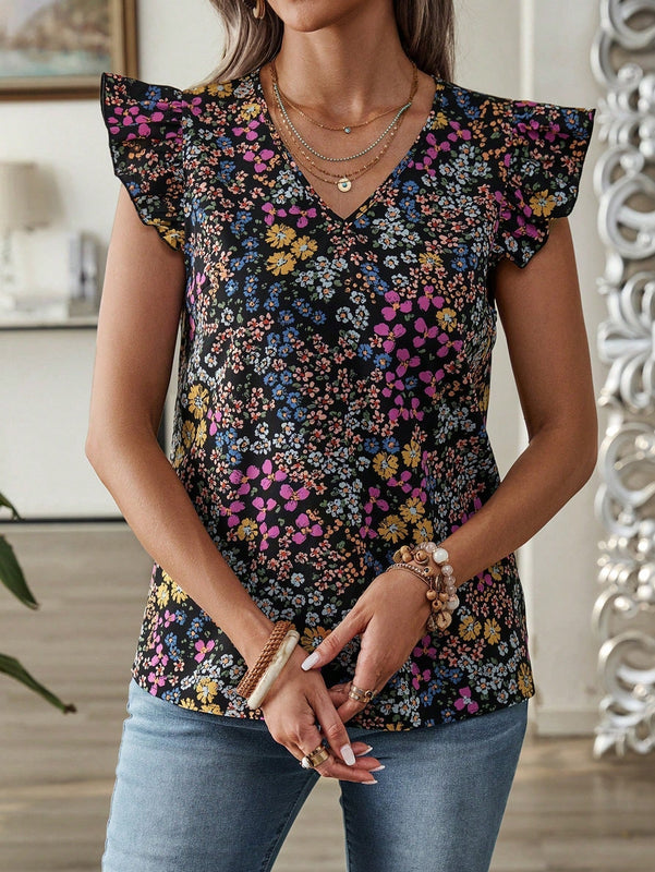 EMERY ROSE Blusa de mujer con mangas de gorra y escote en V con estampado floral Ditsy para vacaciones en el campo