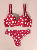 Conjunto de sosten y braga rojos con base blanca en forma de corazon para regalo del Dia de San Valentin (sin alambres)