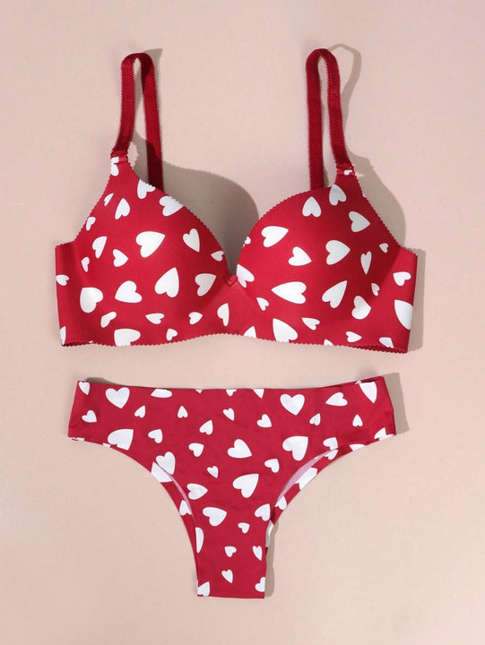 Conjunto de sosten y braga rojos con base blanca en forma de corazon para regalo del Dia de San Valentin (sin alambres)