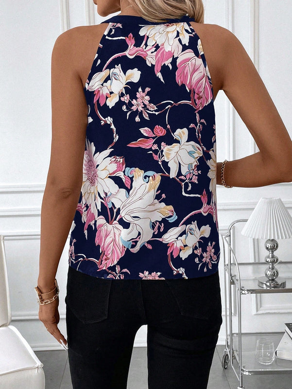 Clasi Camisa informal de verano de mujer sin mangas con cuello en V entallado y estampado floral