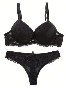 Conjunto De Sujetador Y Bragas De Encaje En Color Solido Para Damas