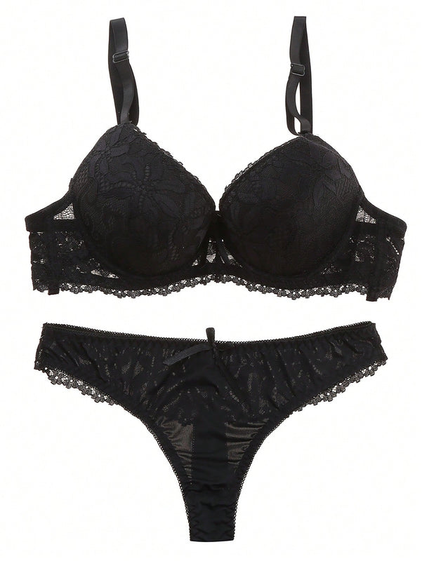 Conjunto De Sujetador Y Bragas De Encaje En Color Solido Para Damas