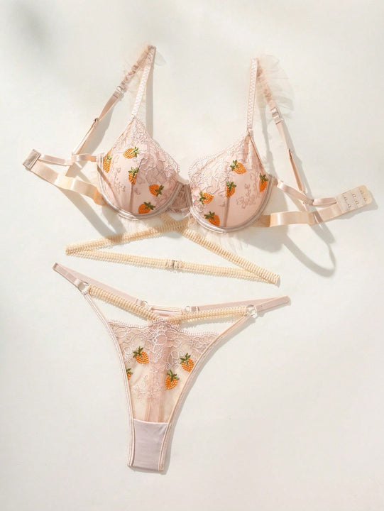 Conjunto de sujetador de tiras finas con bordado romantico y braguitas de encaje (2 piezas)