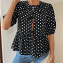 Essnce Blusa corta informal tejida con mangas cortas abullonadas para mujer 2024, blusa corta negra y blanca con lunares redondos en el cuello y botones frontales, coleccion de ropa de calle, primavera/verano