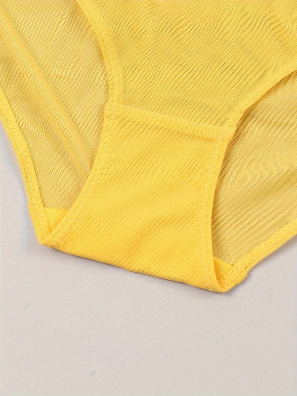 Ropa interior para mujer de patron amarillo sexy con lazo, adorno de colgante de corazon y brillantes