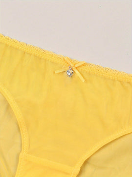 Ropa interior para mujer de patron amarillo sexy con lazo, adorno de colgante de corazon y brillantes