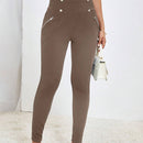 Prive Pantalones largos casuales de cintura alta y ajuste delgado para mujer con botones de doble botonadura y unicolor