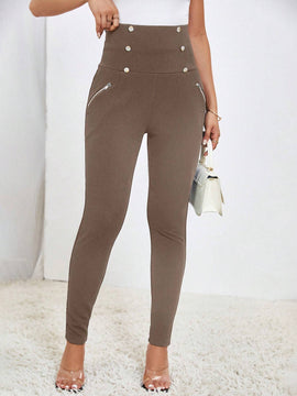 Prive Pantalones largos casuales de cintura alta y ajuste delgado para mujer con botones de doble botonadura y unicolor