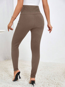 Prive Pantalones largos casuales de cintura alta y ajuste delgado para mujer con botones de doble botonadura y unicolor