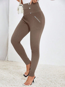 Prive Pantalones largos casuales de cintura alta y ajuste delgado para mujer con botones de doble botonadura y unicolor