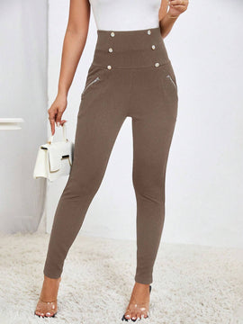 Prive Pantalones largos casuales de cintura alta y ajuste delgado para mujer con botones de doble botonadura y unicolor
