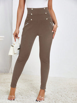 Prive Pantalones largos casuales de cintura alta y ajuste delgado para mujer con botones de doble botonadura y unicolor