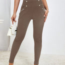 Prive Pantalones largos casuales de cintura alta y ajuste delgado para mujer con botones de doble botonadura y unicolor