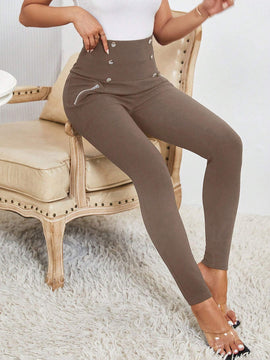 Prive Pantalones largos casuales de cintura alta y ajuste delgado para mujer con botones de doble botonadura y unicolor