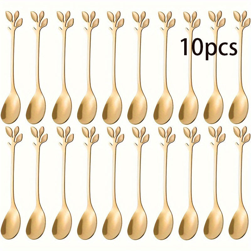 Juego de 10 cucharas para postres de acero inoxidable, diseño elegante de hoja, cucharitas para café, utensilios minimalistas para frutas y postres, ideal para fiestas y celebraciones, regalo para el Día de la Madre, Pascua, renovación primaveral, reunio