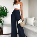 2 piezas pantalon para mujer de cintura alta y pierna ancha en unicolor marron y negro, casual y minimalista con un sentido de la caida