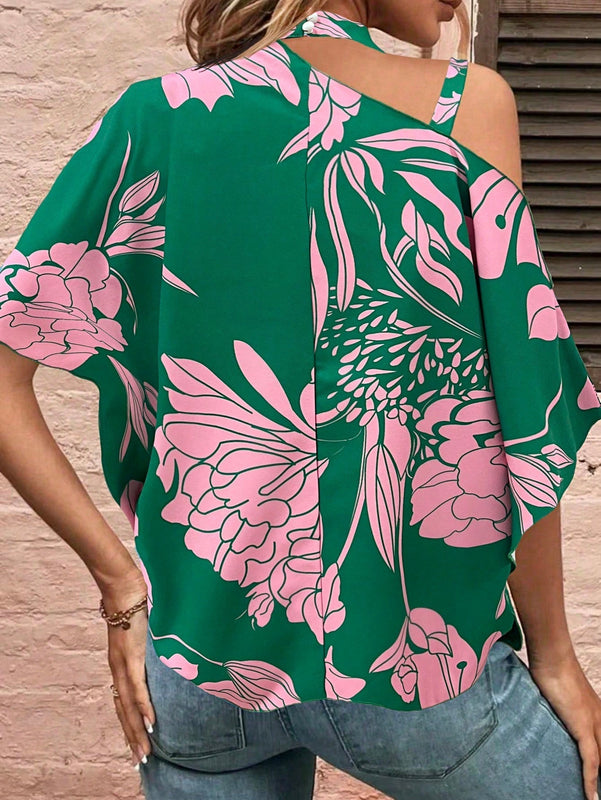 LUNE Camisa elegante con hombro irregular decorado con cadena y manga murcielago para mujer, estilo de vacaciones de verano