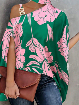 LUNE Camisa elegante con hombro irregular decorado con cadena y manga murcielago para mujer, estilo de vacaciones de verano