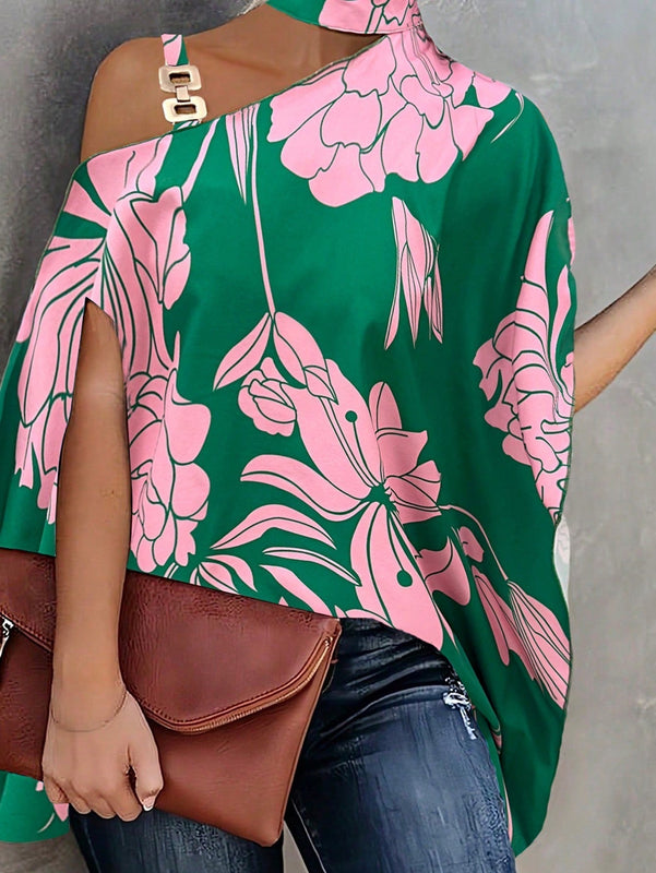 LUNE Camisa elegante con hombro irregular decorado con cadena y manga murcielago para mujer, estilo de vacaciones de verano