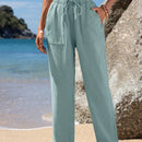 Emery rose pantalones largos casuales rectos y sueltos con cintura elastica, bolsillos y estampado de tenido anudado para mujer