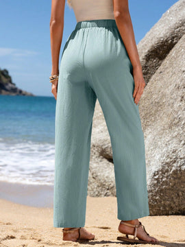 Emery rose pantalones largos casuales rectos y sueltos con cintura elastica, bolsillos y estampado de tenido anudado para mujer