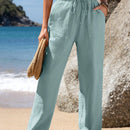 Emery rose pantalones largos casuales rectos y sueltos con cintura elastica, bolsillos y estampado de tenido anudado para mujer