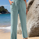 Emery rose pantalones largos casuales rectos y sueltos con cintura elastica, bolsillos y estampado de tenido anudado para mujer