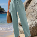 Emery rose pantalones largos casuales rectos y sueltos con cintura elastica, bolsillos y estampado de tenido anudado para mujer