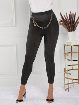 Lady Pantalones de mujer de ajuste delgado y de moda con decoracion de cadena de metal
