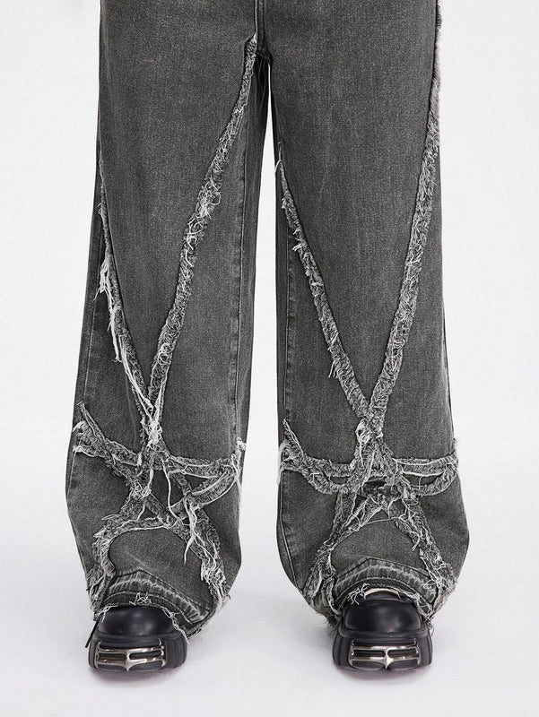 ROMWE Grunge Punk Jeans de mezclilla de pierna ancha para mujer con ajuste holgado y bolsillos de parche de estrella