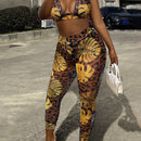 Slayr Conjunto tropical con top halter estampado y crop, espalda abierta y leggings estampados con diseno tropical para vacaciones (talla E)