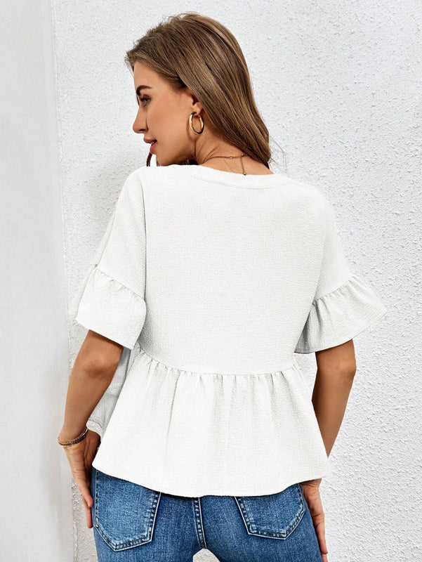 Essnce Camisa casual de textura con media tapeta y dobladillo de volantes para ropa de descanso